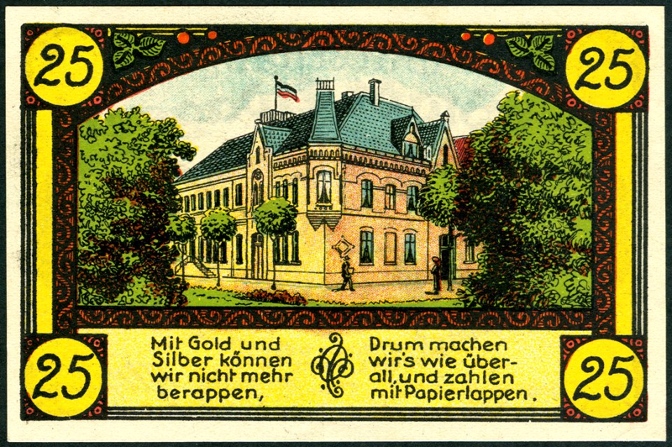 1921-06-01 Gutschein der Stadt Eldagsen, 0,25 Mark 25 Pfennig, gültig bis 1. Februar 1922, b, Spruch Papierlappen, Ansicht Altes Rathaus