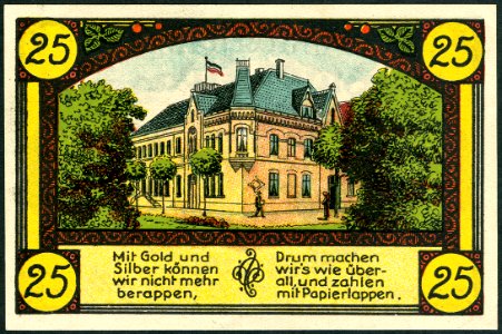 1921-06-01 Gutschein der Stadt Eldagsen, 0,25 Mark 25 Pfennig, gültig bis 1. Februar 1922, b, Spruch Papierlappen, Ansicht Altes Rathaus