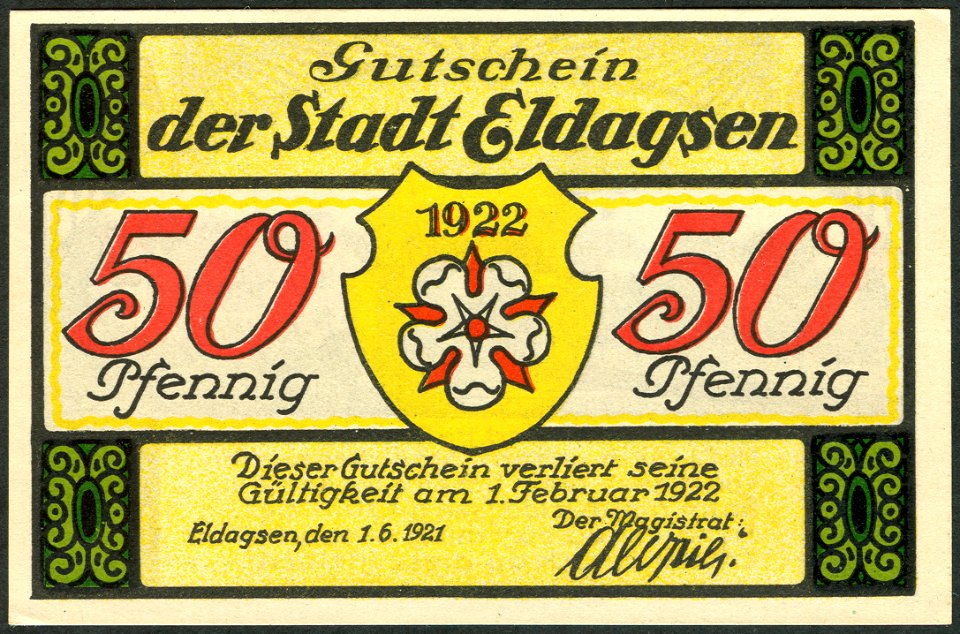 1921-06-01 Gutschein der Stadt Eldagsen, 0,50 Mark 50 Pfennig, gültig bis 1. Februar 1922, a, faksimilierte Unterschrift der Magistrat.