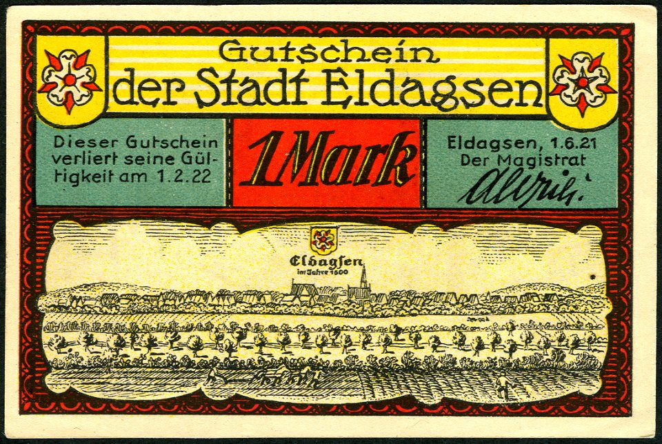 1921-06-01 Gutschein der Stadt Eldagsen, 1Mark, gültig bis 1. Februar 1922, c, faksimilierte Unterschrift der Magistrat, Merian-Stich um 1600