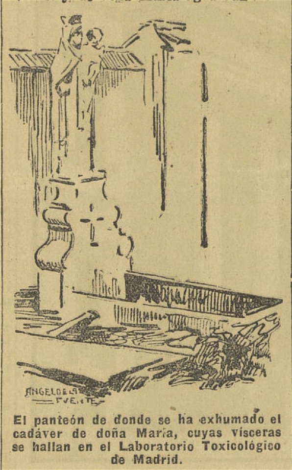 1923-12-28, El Liberal, El panteón de donde se ha exhumado el cadáver de doña María, cuyas vísceras se hallan en el Laboratorio Toxicológico de Madrid, Ángel de La Fuente