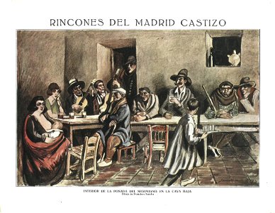 1924-03-29, La Esfera, Rincones del Madrid castizo, Interior de la posada del Segoviano, en la Cava Baja, Sancha (color)
