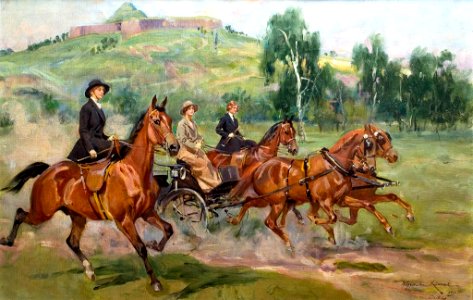 Wojciech Kossak - Zofia, Maria i Róża Tarnowskie podczas konnej przejażdżki na krakowskich Błoniach