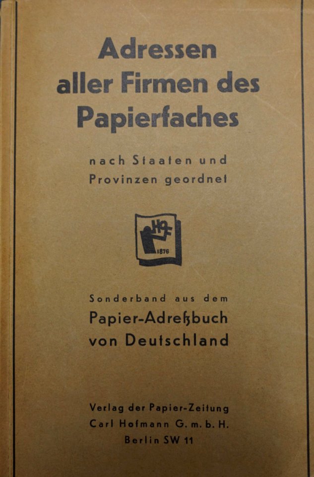 1930 circa Adressen aller Firmen des Papierfaches, Sonderdruck Papier-Adreßbuch von Deutschland, Band 4, Buchdeckel