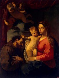 Simone Cantarini - Madonna with Child and St Francis of Assisi. Free illustration for personal and commercial use.