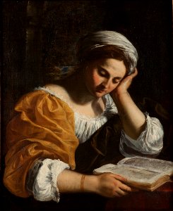 Simone Cantarini - Reading Sibyl. Free illustration for personal and commercial use.