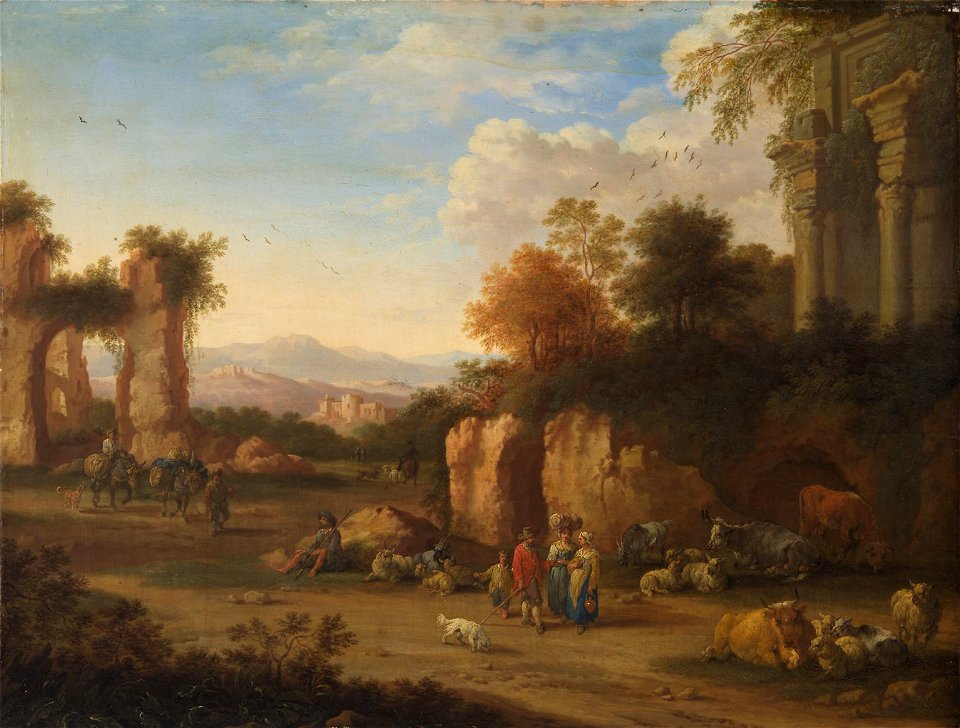 Pieter Bout and Adriaen Frans Boudewyns - Italian landscape with ancient ruins and peasants