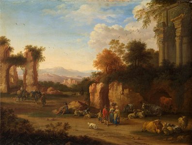 Pieter Bout and Adriaen Frans Boudewyns - Italian landscape with ancient ruins and peasants. Free illustration for personal and commercial use.