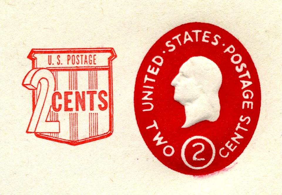 1950-2cent-StampedEnvelope-1958-2centSurchargeAdded