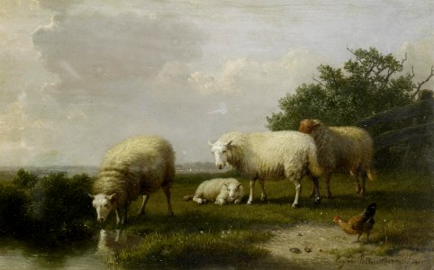 2017-02 Eugène Verboeckhoven - Sheep grazing on a riverbank. Free illustration for personal and commercial use.