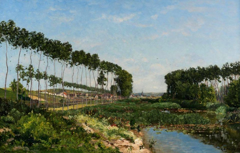 2017-02 Hippolyte Camille Delpy - A tree-lined river landscape, a village beyond