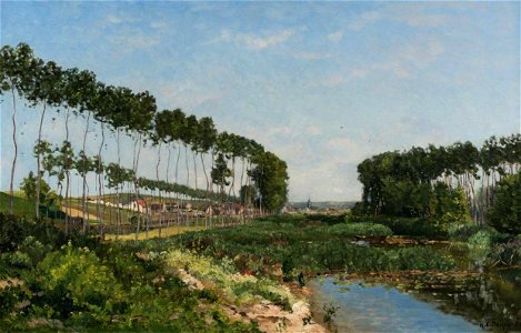 2017-02 Hippolyte Camille Delpy - A tree-lined river landscape, a village beyond