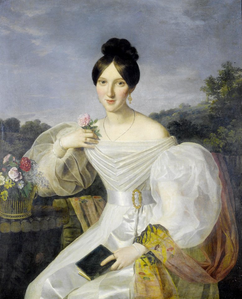 2017-02 Studio of Ferdinand Georg Waldmüller - A lady in a white dress and shawl before a Viennese landscape