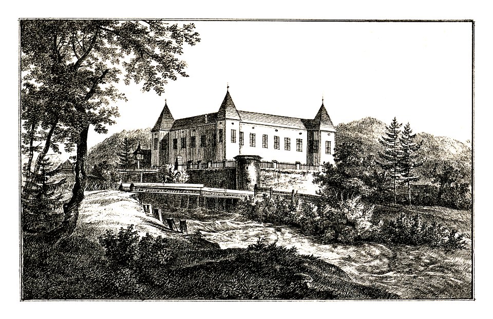 220 Schloss Pichl im Mürztal, Mitterdorf - J.F.Kaiser Lithografirte Ansichten der Steiermark 1830