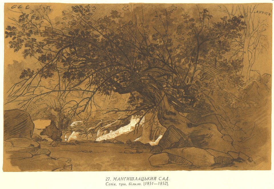 27. Мангишлацький сад. Кольоровий папір, сепія, туш, білило (14,6 × 23,2). -1851 — 1852-.