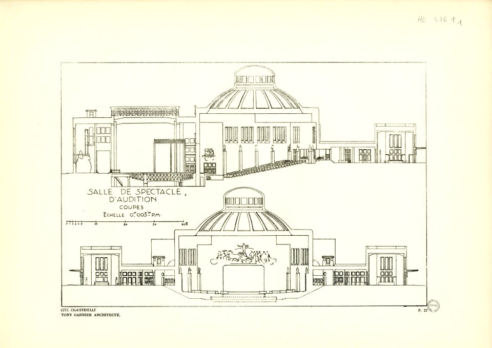 27. Salle de spectacle, d'audition, coupes; échelle 0m005 p.m
