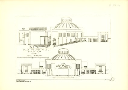 27. Salle de spectacle, d'audition, coupes; échelle 0m005 p.m