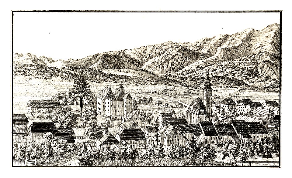 289 Schloss Stübichhofen und die Dreifaltigkeits-Kirche im Markte Trofayach, Trofaiach - J.F.Kaiser Lithografirte Ansichten der Steiermark 1830