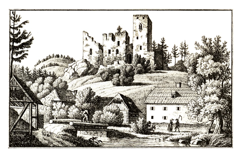 296 Ruinen der zwei alten Bergschlösser Sturmberg bey Weiz, Gem. Naas - gezeich. v. Mandl, lith. v. Folwarczni - J.F.Kaiser Lithografirte Ansichten der Steiermark 1830