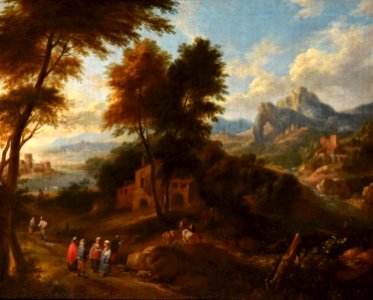 Pieter Bout and Adriaen Frans Boudewyns - An Extensive River Landscape with Figures around a Village with a Town in the Distance. Free illustration for personal and commercial use.