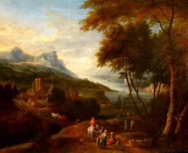 Pieter Bout and Adriaen Frans Boudewyns - An Extensive Mountainous Landscape with Figures before a Building. Free illustration for personal and commercial use.