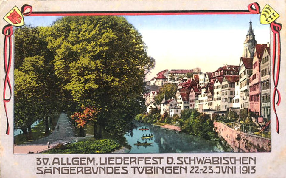 30. Allgemeines Liederfest des Schwäbischen Sängerbundes Tübingen 22.–23. Juni 1913 Neckarfront (AK Gebr. Metz)
