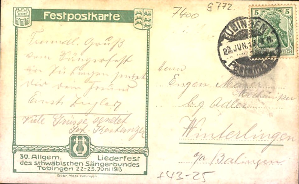 30. Allgemeines Liederfest des Schwäbischen Sängerbundes Tübingen 22.–23. Juni 1913 Neckarfront (AK Gebr. Metz) R