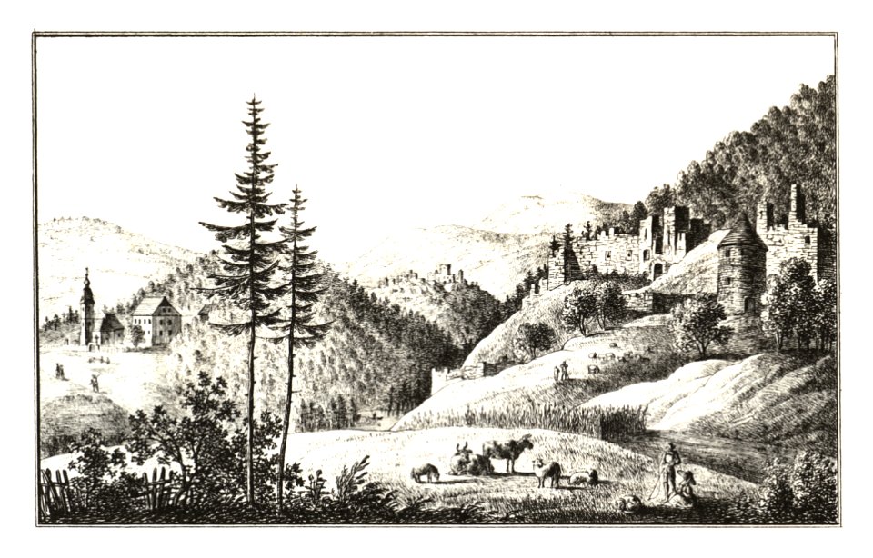301 Ansicht von dem alten Schloss Thal gegen Ruine Gösting, Unterthal - J.F.Kaiser Lithografirte Ansichten der Steiermark 1830