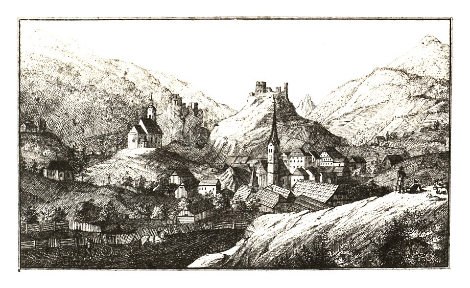 328 Markt und Ruine Weitenstein, Gonobitz - lith. von Kräl - J.F.Kaiser Lithografirte Ansichten der Steiermark 1830