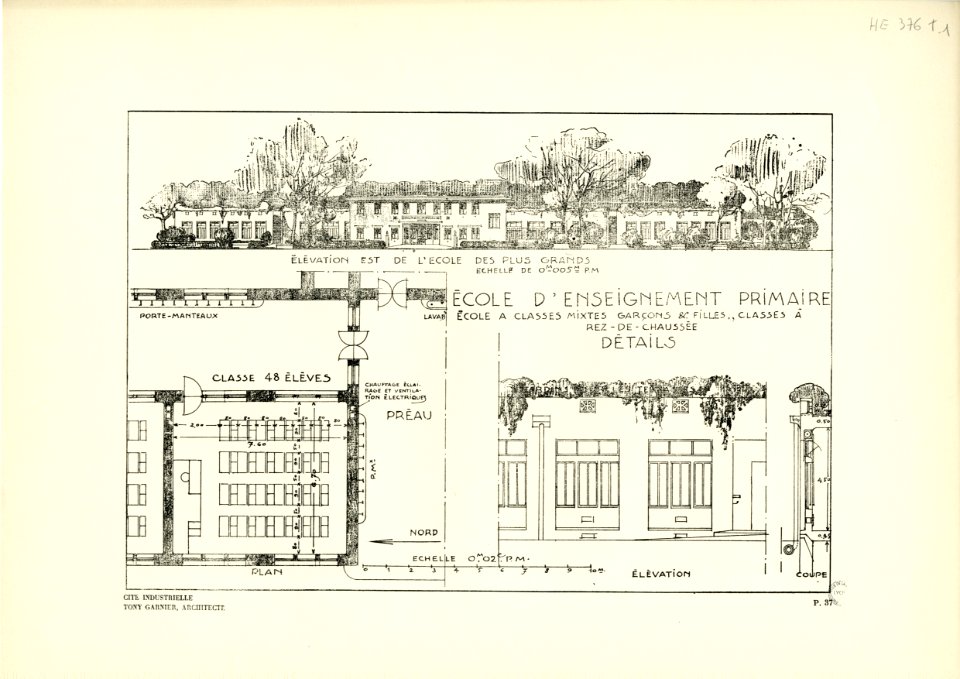 37. Ecole d'enseignement primaire, élévation et détails; échelle 0m005 p. m. et 0m02 p. m