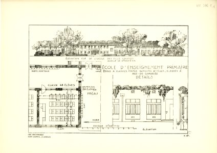 37. Ecole d'enseignement primaire, élévation et détails; échelle 0m005 p. m. et 0m02 p. m