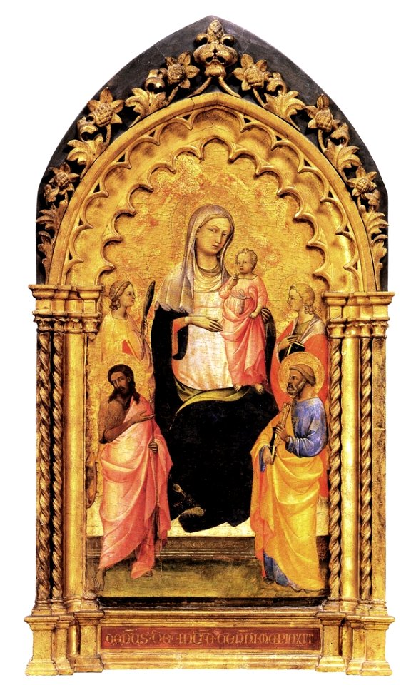 3aLorenzo Monaco, Madonna con Bambino in trono, san Giovanni Battista, santa Caterina d'Alessandria, san Pietro e una santa, 1408, Galleria dell'Accademia, Firenze