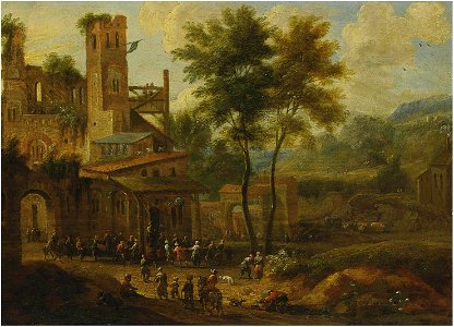 Pieter Bout and Adriaen Frans Boudewijns - Peasants merrymaking on the outskirts of a village. Free illustration for personal and commercial use.