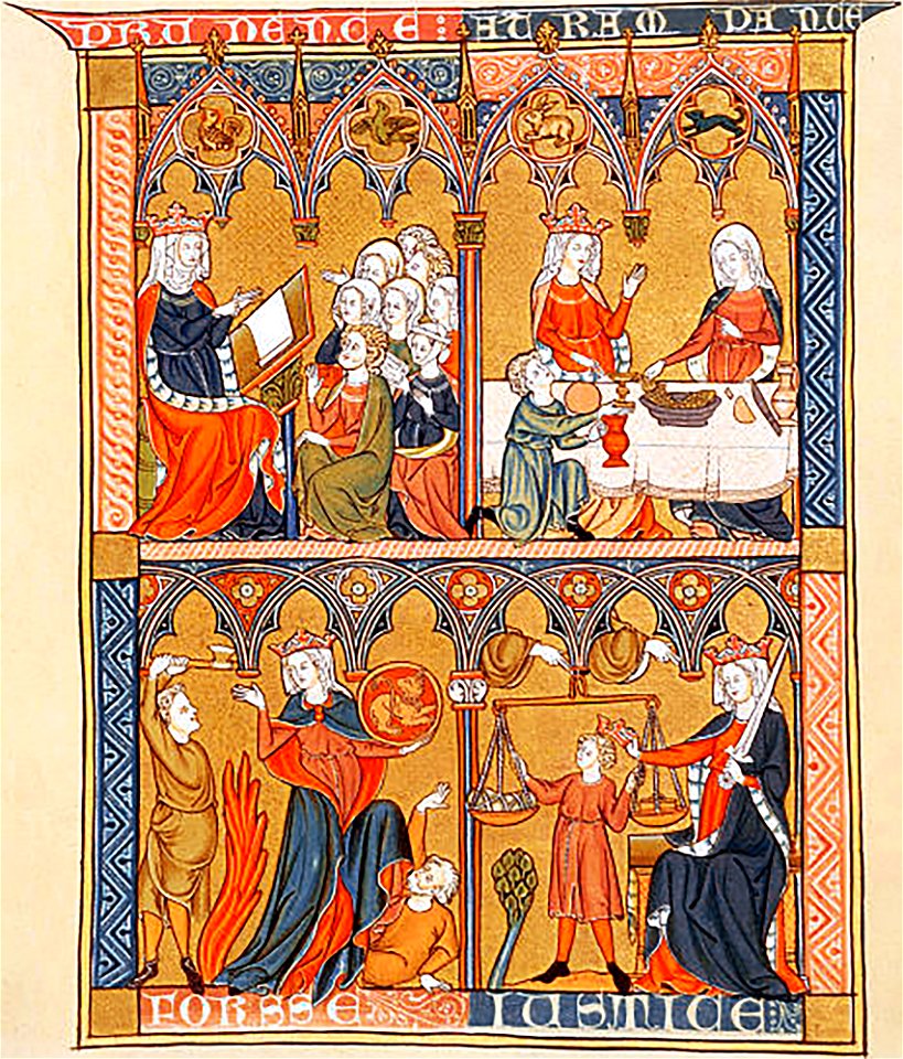 4 Cardinal Virtues from Somme le Roi by Dominican Friar Laurent, c 1290-1300 (48292049006)