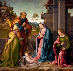 4 Botticini Raffaello adoration of the Christ Child with st Barbara and st Martin. 172x175cm, 1512. The State Hermitage Museum, St. Petersburg