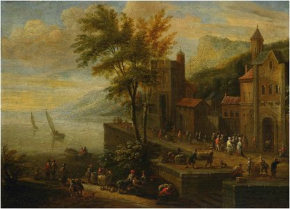 Pieter Bout and Adriaen Frans Boudewijns - A coastal landscape with figures on the promenade. Free illustration for personal and commercial use.
