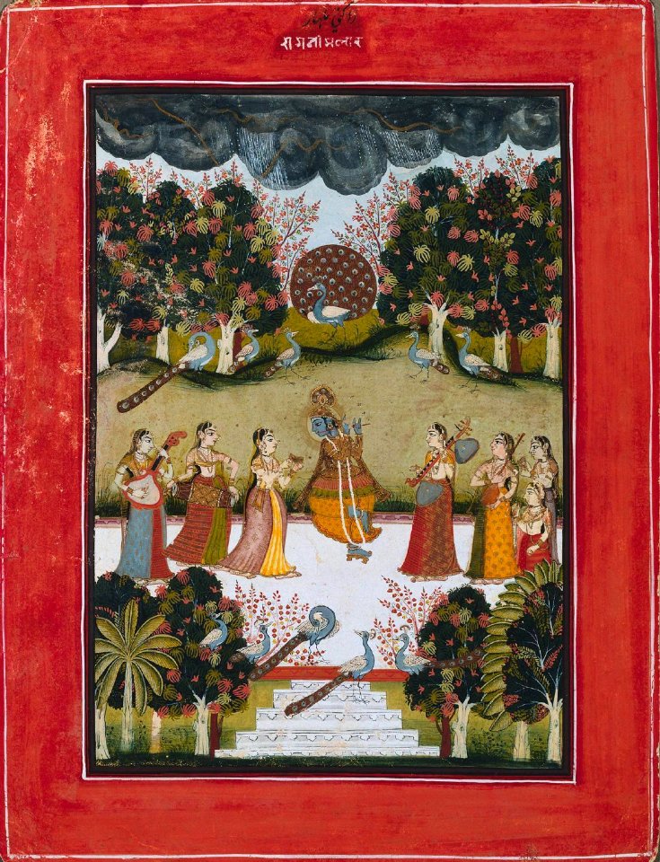 4 Malar Ragini - Krishna Playing the Flute to Seven Gopis Holding Musical Instruments, from the Ragamala Series. Kotah, ок.1760. Cleveland MOA
