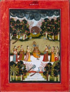 4 Malar Ragini - Krishna Playing the Flute to Seven Gopis Holding Musical Instruments, from the Ragamala Series. Kotah, ок.1760. Cleveland MOA