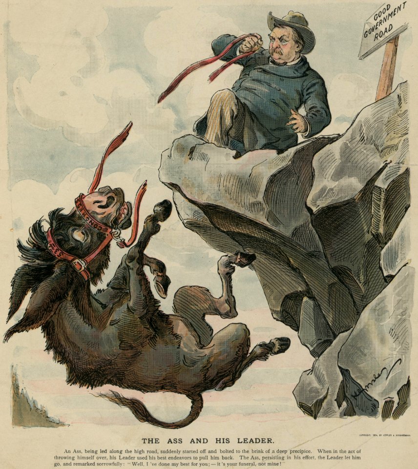 53rd United States Congress portrayed as an ass falling off the good government road in PUCK on 26 December 1894, The ass and his leader - Keppler. LCCN2012648683 (cropped)