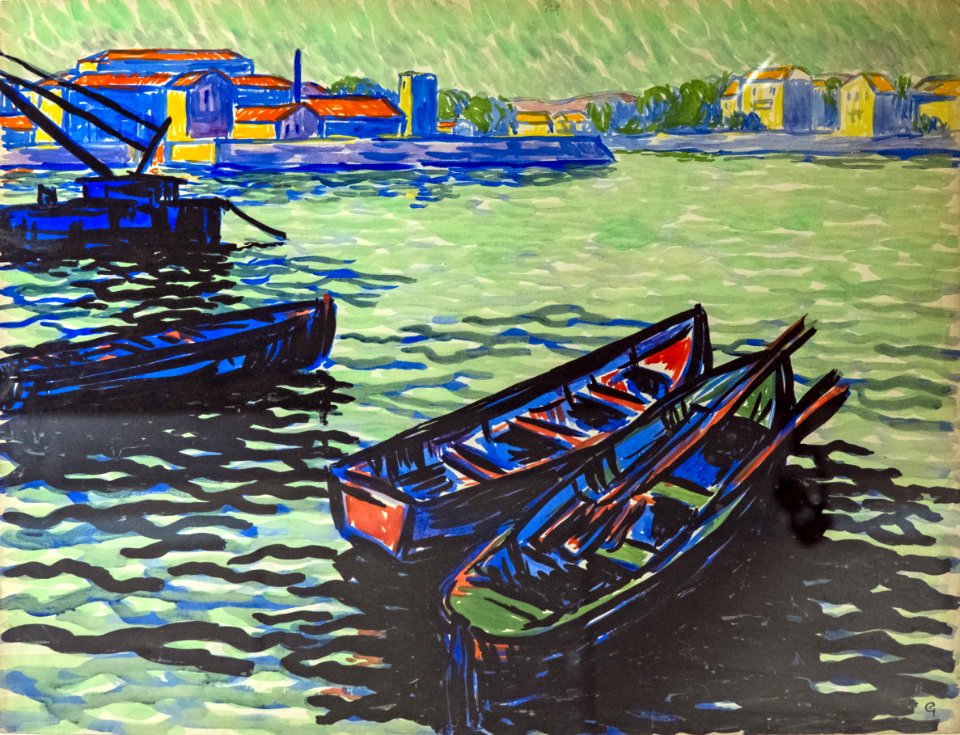 81 - Barques au Bazacle à Toulouse 1910 - Georges Gaudion - Gouache sur papier - Musée du Pays rabastinois - inv.D.2008.10.4