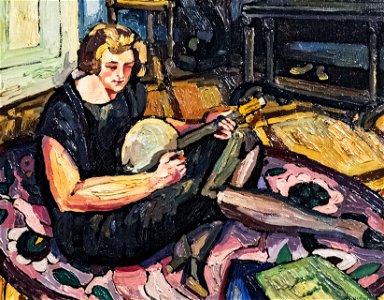 81 - Luce au banjo dans le salon à Rabastens - Georges Gaudion vers 1924 Huile sur toile - Musée du Pays rabastinois inv.2014.27.1