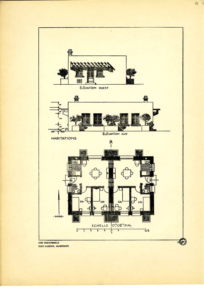 85. Habitation, 2 chambres, plan, coupe et élévation ; échelle 0m 02pm