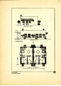 85. Habitation, 2 chambres, plan, coupe et élévation ; échelle 0m 02pm