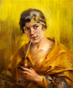 81 - Odette Labouysse buvant du maté - Luce Boyals - Crayon sur papier - Musée du Pays rabastinois inv.D.2004.5.172
