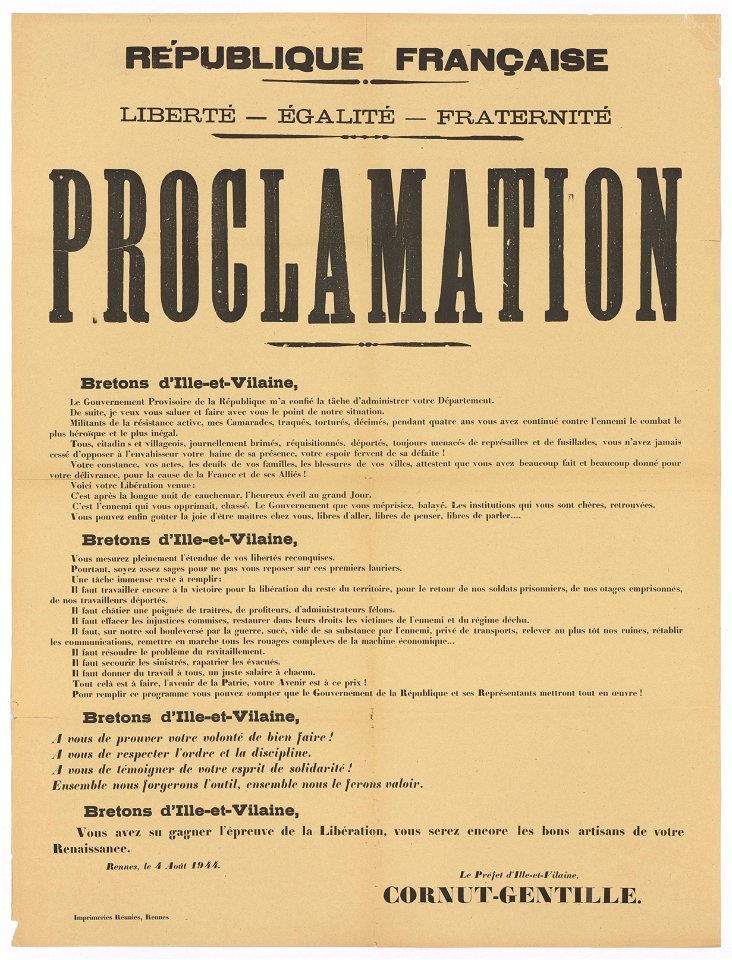 9Fi5 Proclamation du préfet d'Ille-et-Vilaine Cornut-Gentille le 4 août 1944