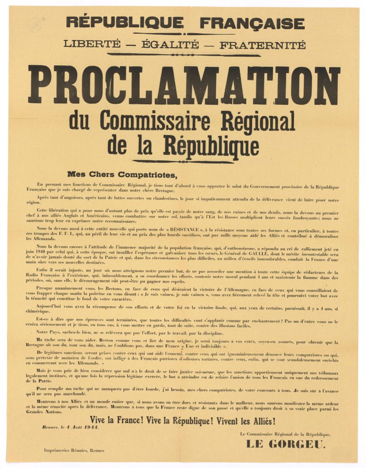 9Fi4 Proclamation du commissaire régional de la République Le Gorgeu Bretagne