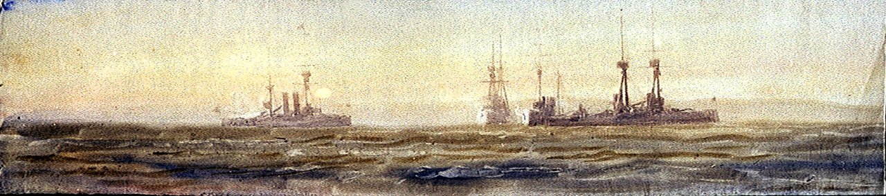 A 'King Edward VII'-class and a 'Bellerophon'-class battleship, with two other ships off a coast RMG PV3257