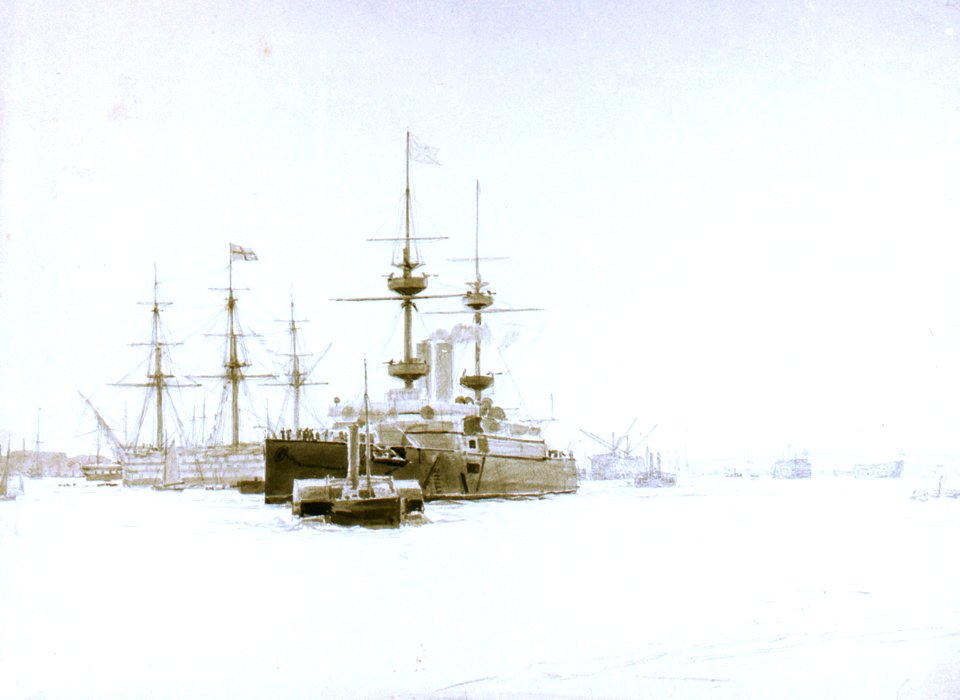 A 'Majestic'-class battleship and HMS 'Victory' in Portsmouth Harbour RMG PW2300