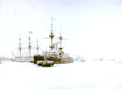 A 'Majestic'-class battleship and HMS 'Victory' in Portsmouth Harbour RMG PW2300