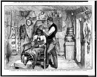 A barber's shop at Standing Rock, Dakota Territory-an Indian chief having his hair dressed - drawn by William A. Rogers. LCCN90712202